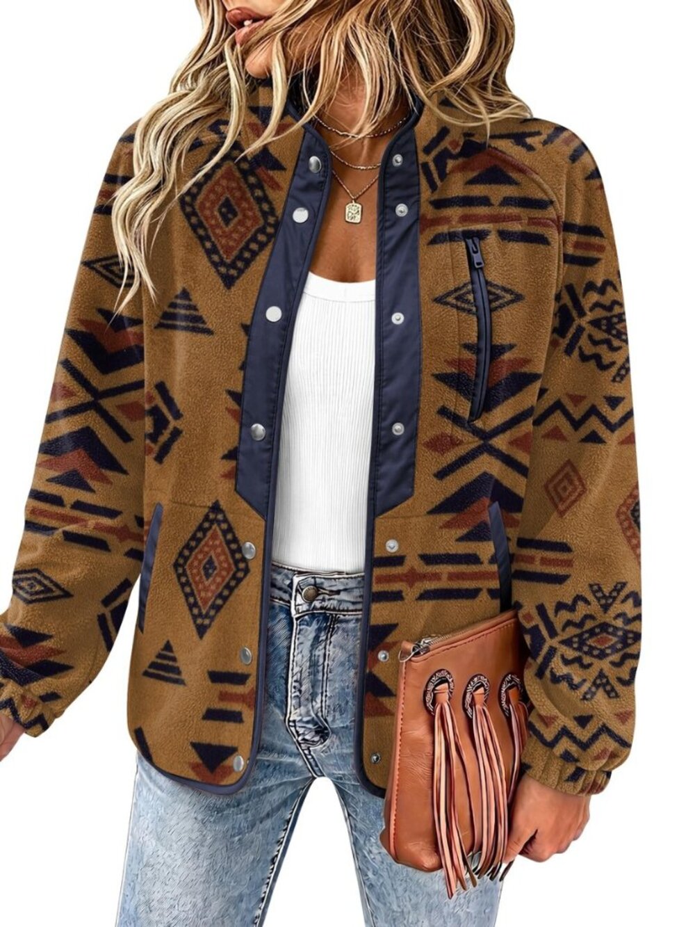 Women Fleece Jacket Western Aztec Print Snap Button Down Outerwear